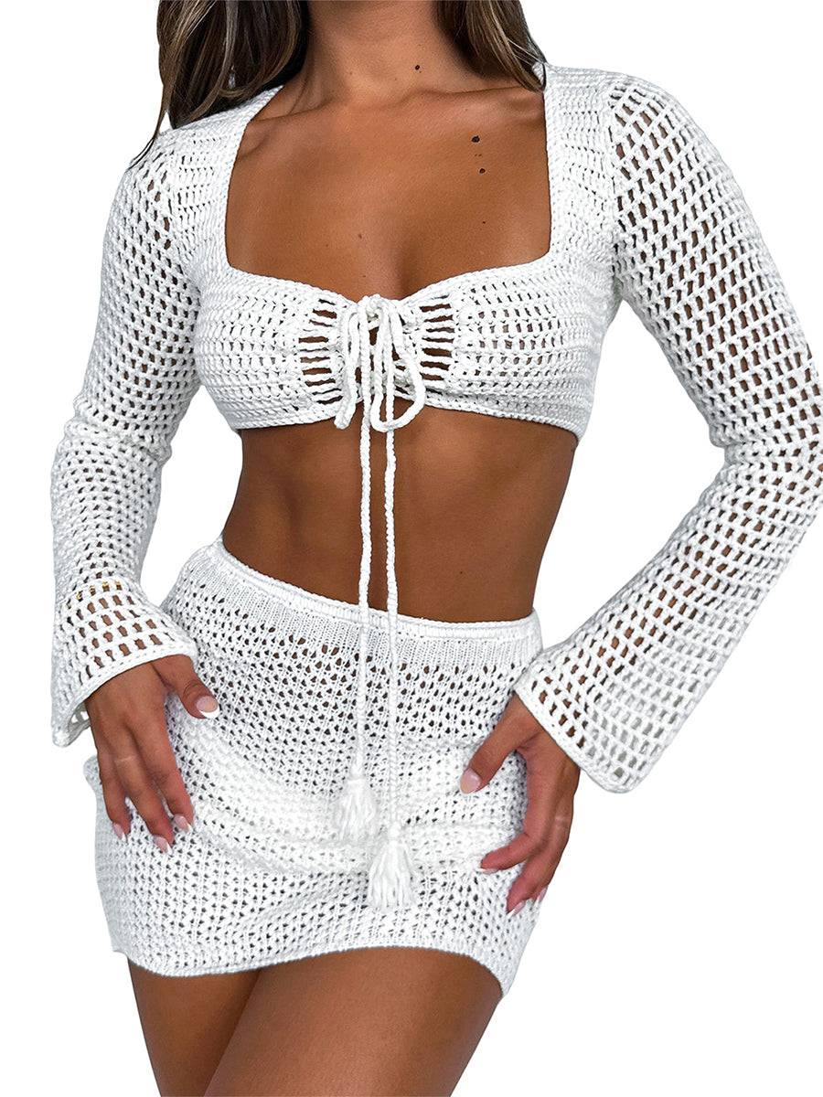 Womens 2-piece beachwear set featuring a white knit tie-front long sleeve cover-up and matching mini sarong skirt, ideal for summer outfits.