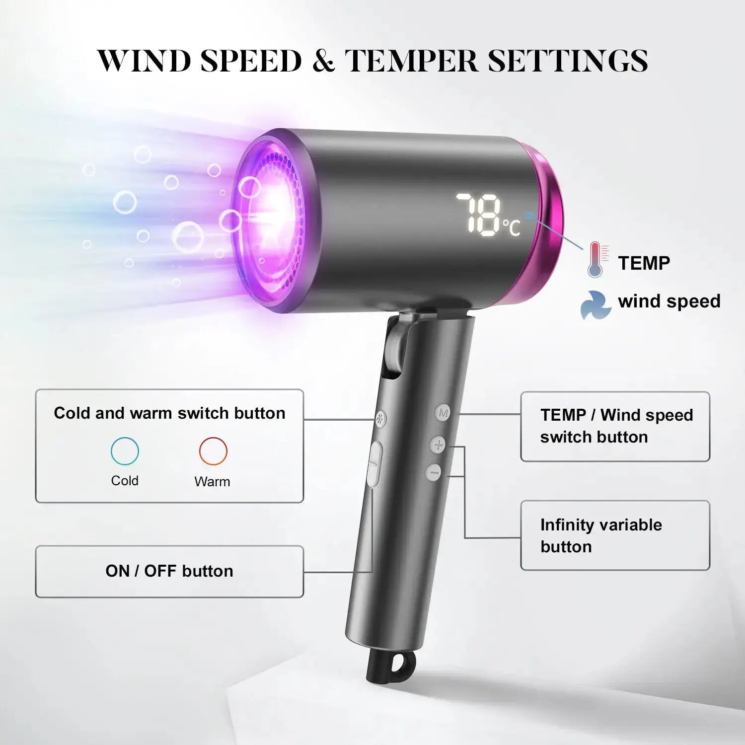 Professional ionic hair dryer with adjustable temperature and wind speed, negative ion technology for home use