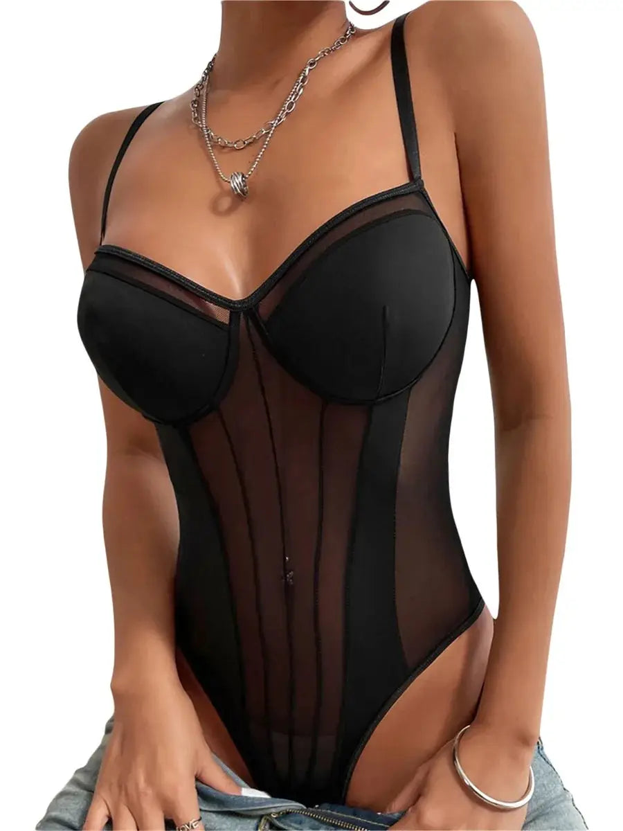 Black sleeveless mesh bodysuit for women featuring sheer fabric and structured bust, ideal for club outfits and trendy summer wear.