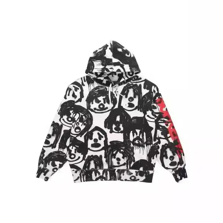Unisex zip-up hoodie with Y2K digital cartoon print, retro Harajuku streetwear style
