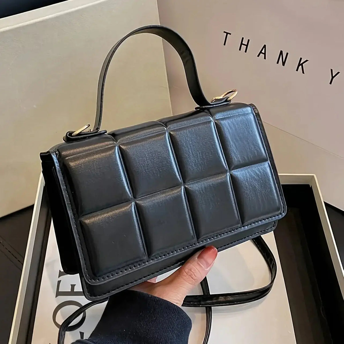 Women’s Mini Quilted Shoulder Bag | Solid Color Faux Leather Square Purse with Adjustable Strap