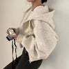 Beige women's fashion zipper hoodie sweatshirt, side view