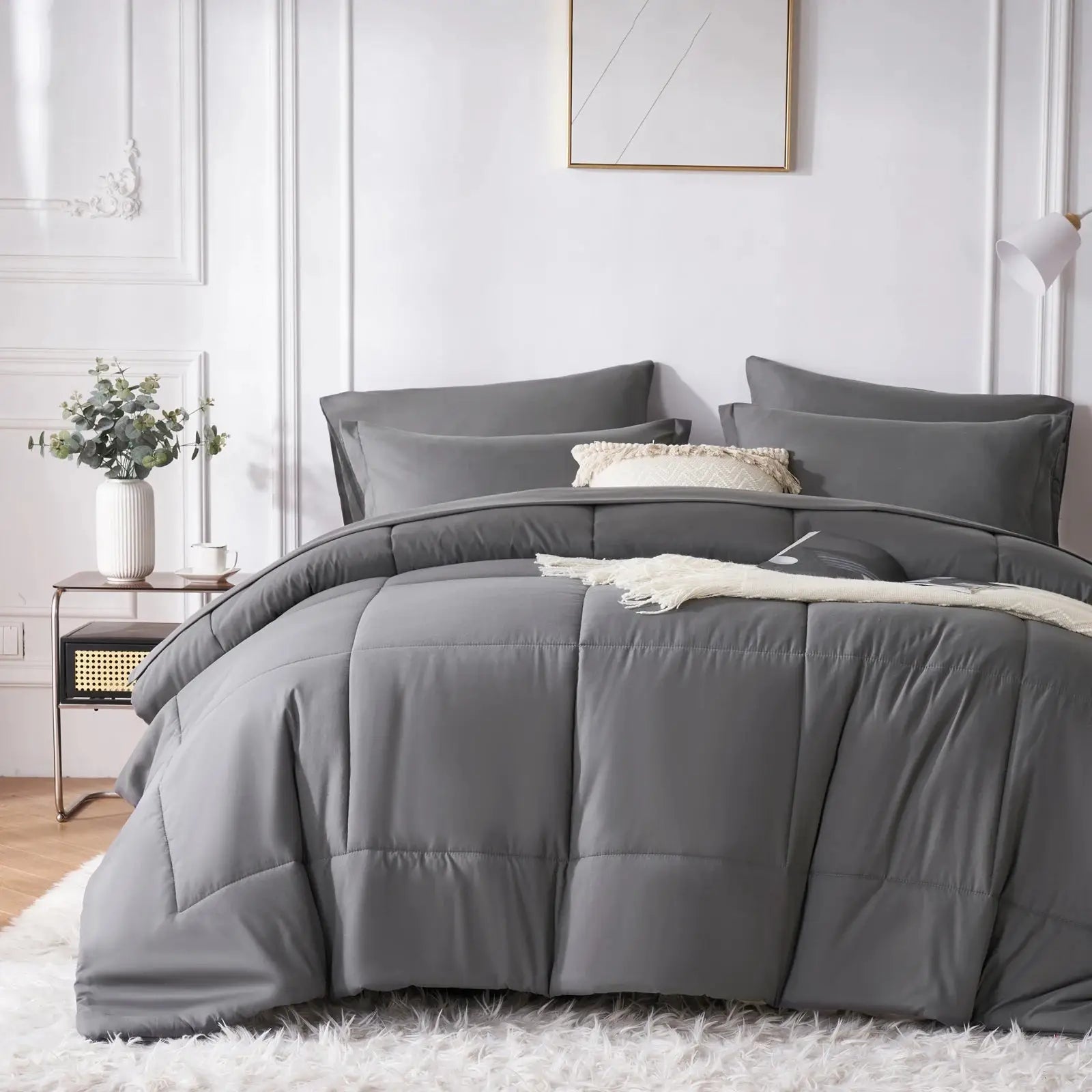 7-piece Queen bed-in-a-bag set with solid geometric comforter, sheets and pillowcases included