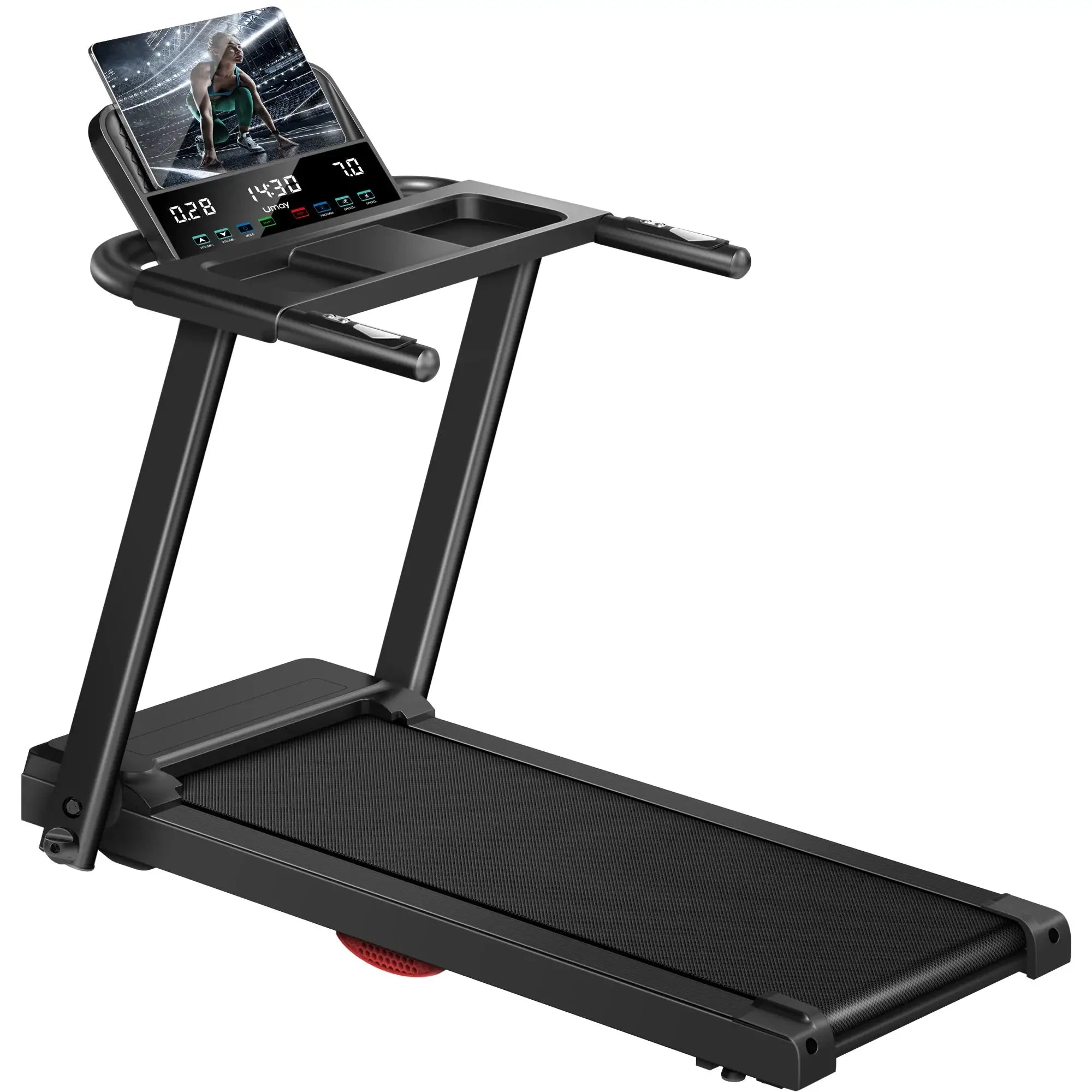 Front view of 3.0HP foldable brushless treadmill with heart rate monitor and digital display, perfect for home cardio and fitness routines.