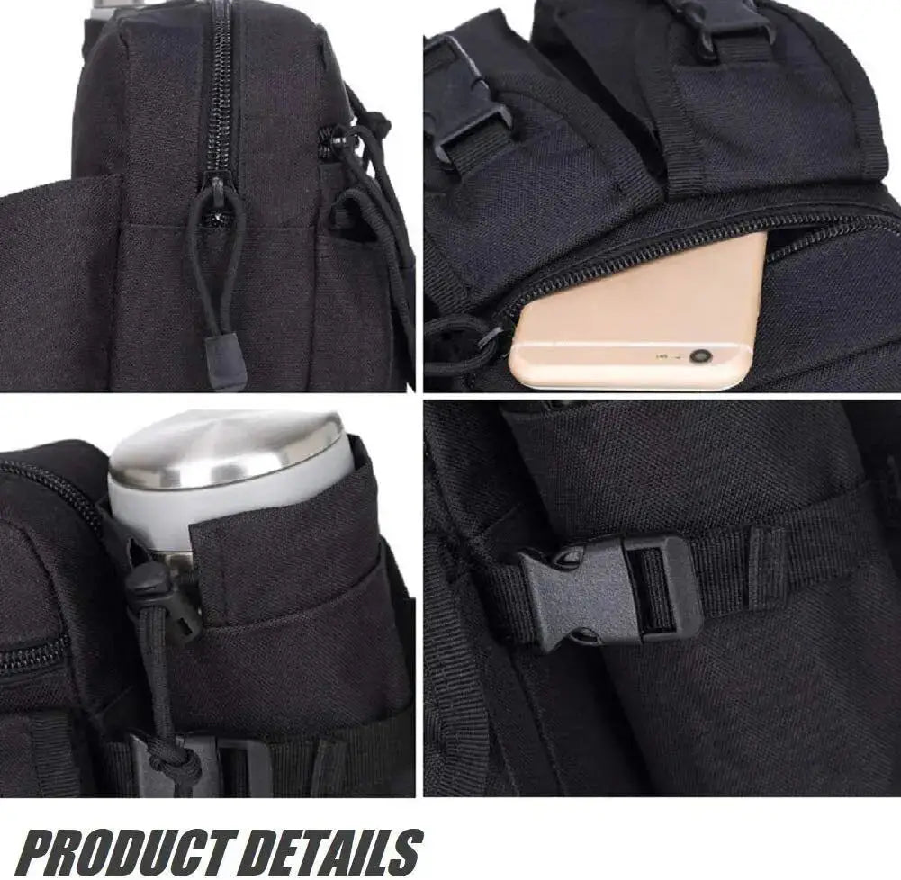 Close-up of black tactical waist bag showing phone pocket, bottle holder, and durable buckle design for outdoor and hiking convenience.