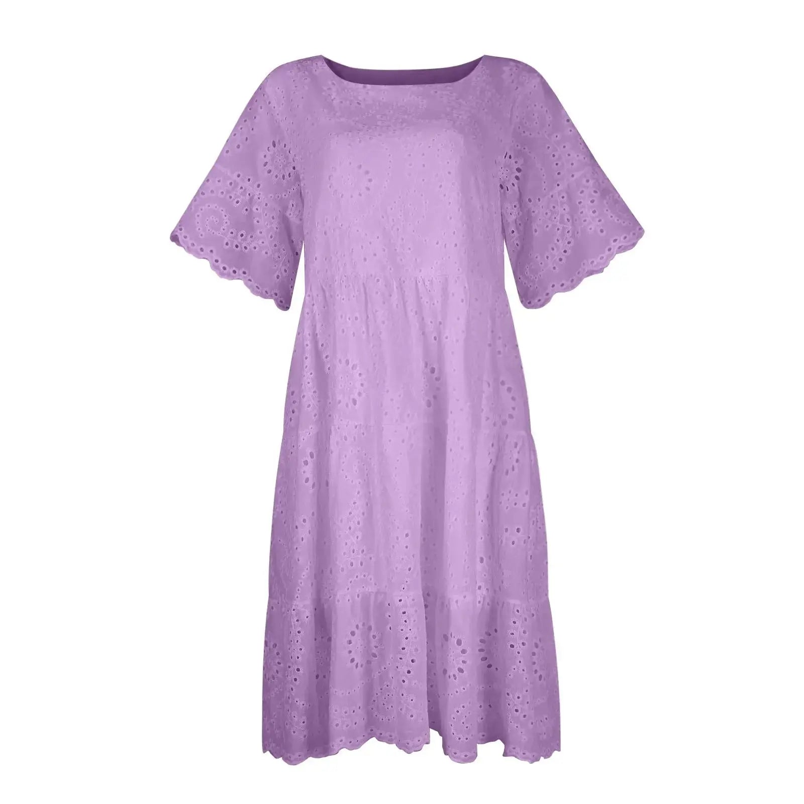 Women’s boho white lace dress, casual short sleeve sundress with pleats and hollow-out details