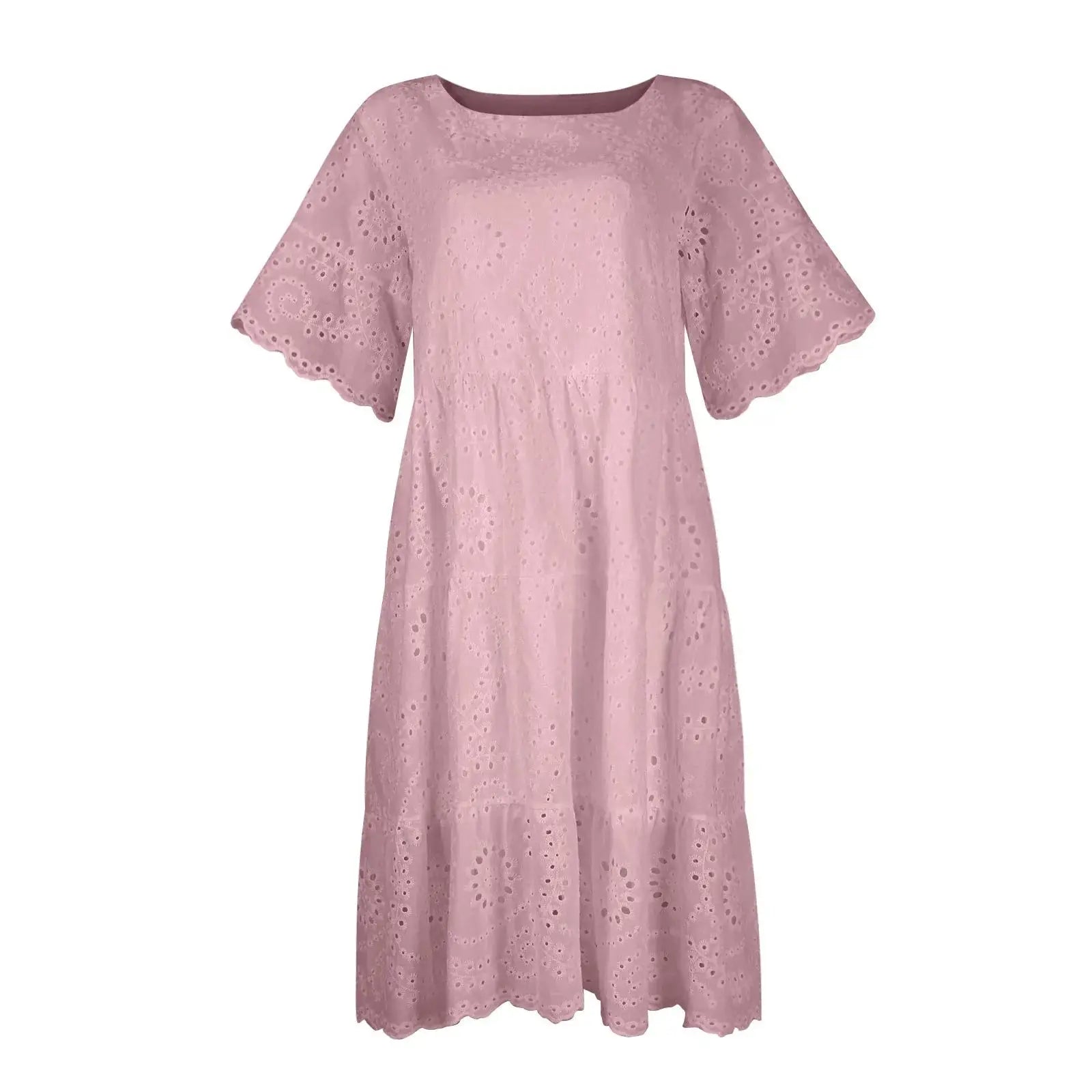 Women’s boho white lace dress, casual short sleeve sundress with pleats and hollow-out details