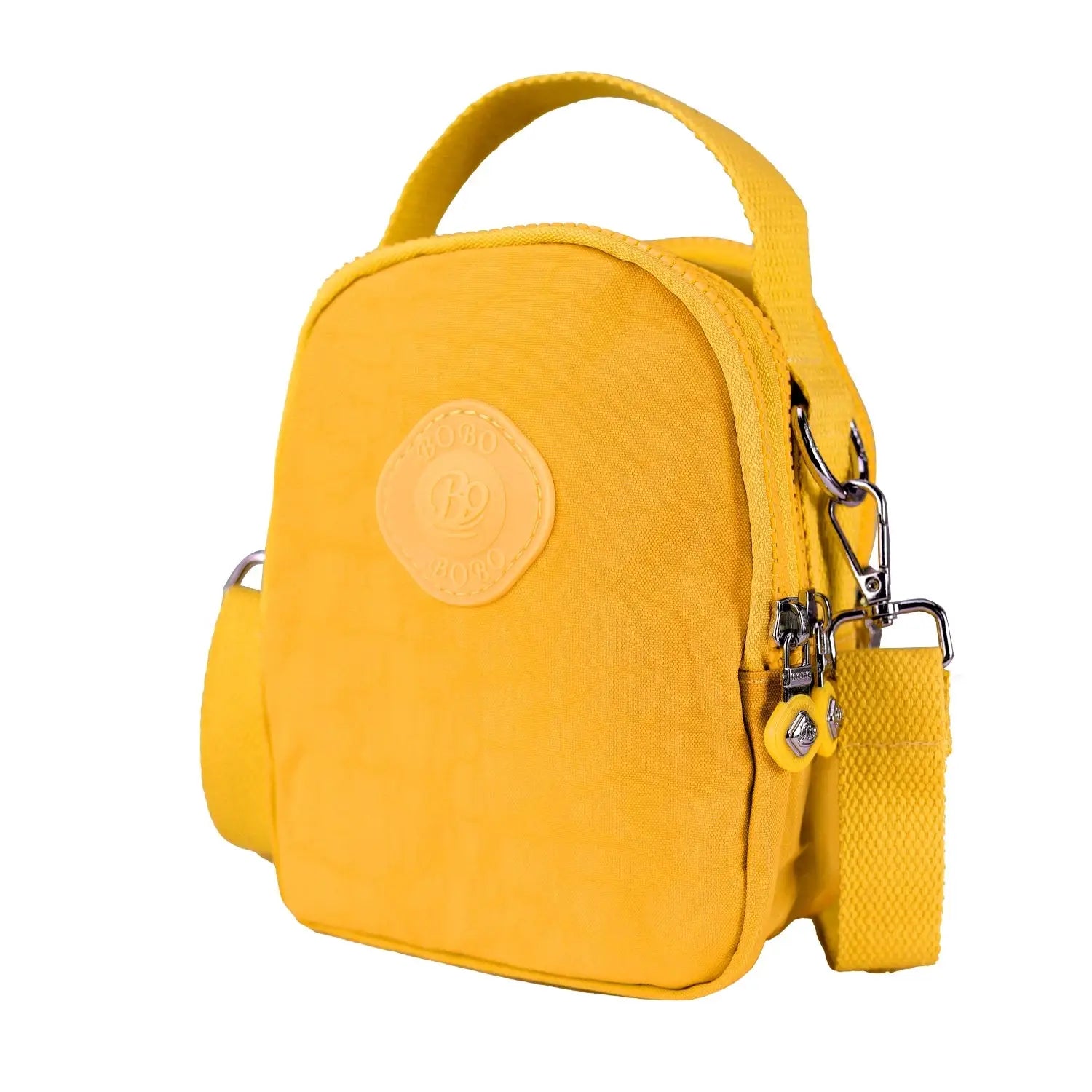 Yellow small messenger purse with adjustable strap and multiple compartments, perfect for lightweight travel and daily errands.