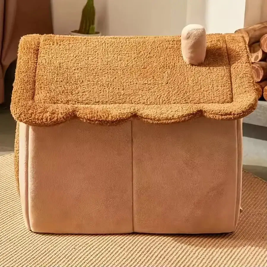 Back view of foldable pet bed house for small pets, featuring soft fleece material and chimney detail on the roof