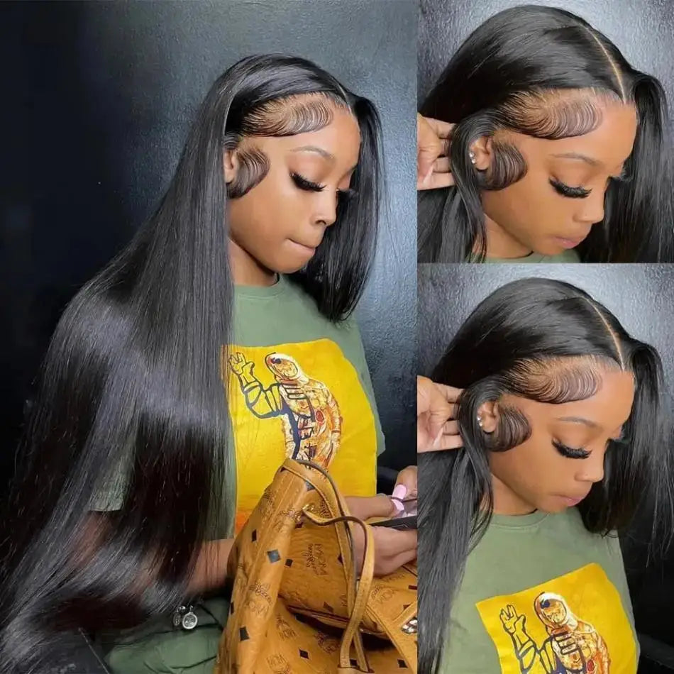 Glueless Brazilian Human Hair Wig Bone Straight with HD Transparent Lace 4x4, 5x5, 13x4 & 13x6 Lace Front Options in Natural Black