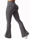 Gray wide leg yoga leggings with back pocket