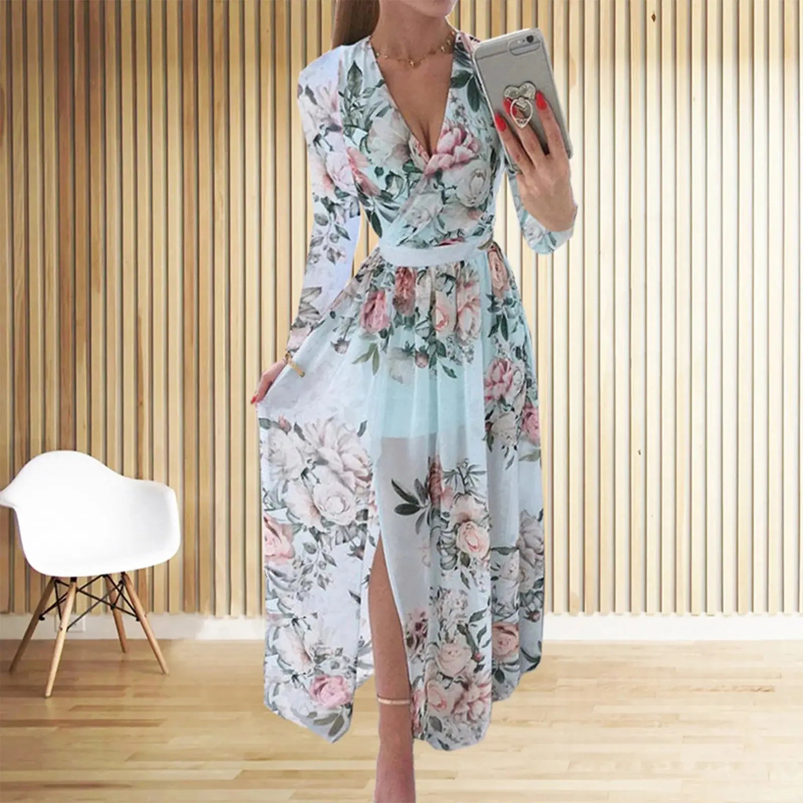Women’s floral chiffon summer dress with V-neck and short sleeves, lightweight Korean style outfit