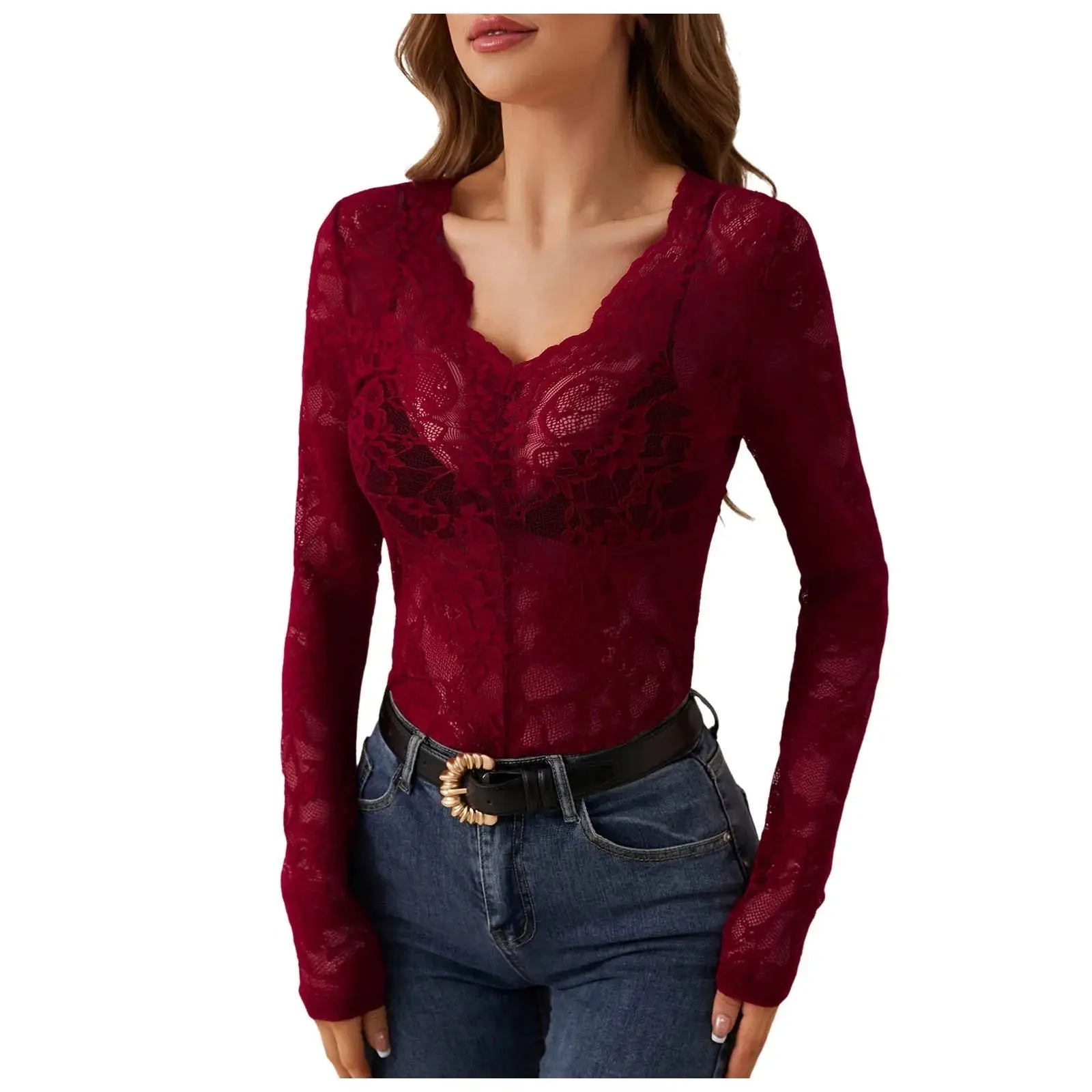 Women’s floral lace blouse, V-neck long sleeve design with sheer elegant style for casual or evening wear