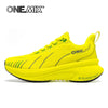 Yellow cushioned running shoe with green accents