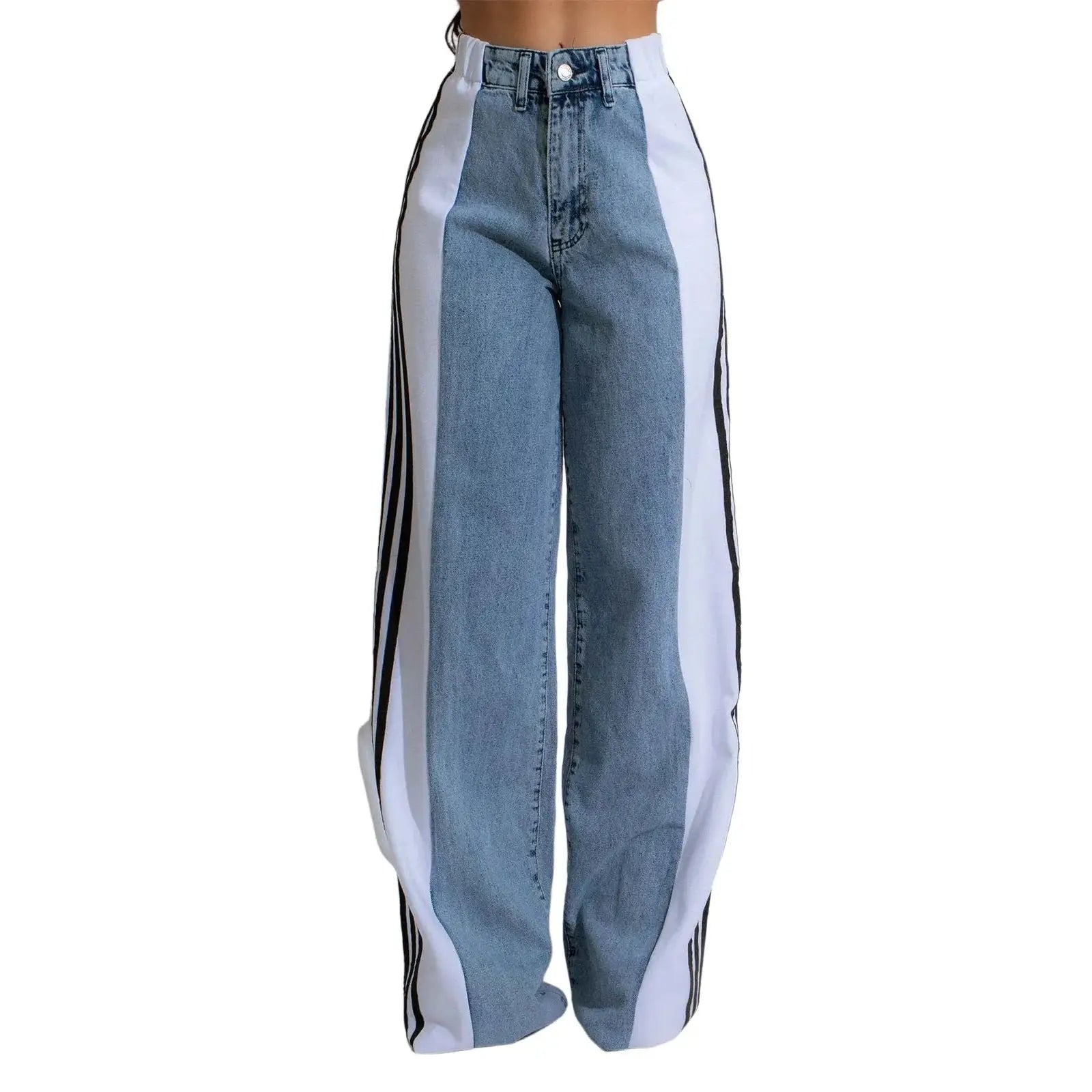 Light blue denim wide leg jeans with white side panels, high waist design for women’s trendy spring fashion wardrobe.