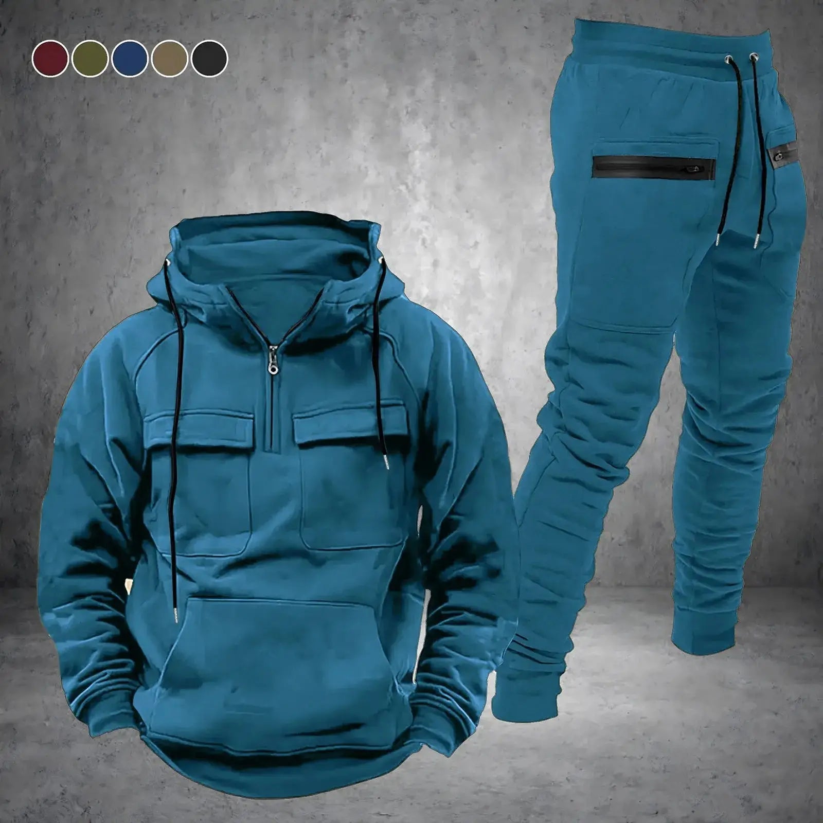 Blue men’s 2-piece tracksuit featuring a half-zip hoodie and tapered pants, shown with color swatches for casual or activewear selection.