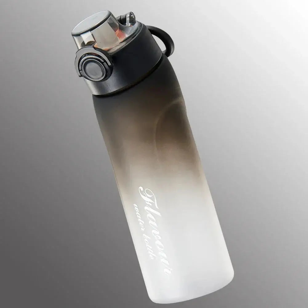 Close-up of frosted black 750ml flavored water bottle with scent pod lid, designed for active lifestyles and on-the-go hydration.