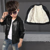 Black leather coat for kids with cozy faux fur interior.