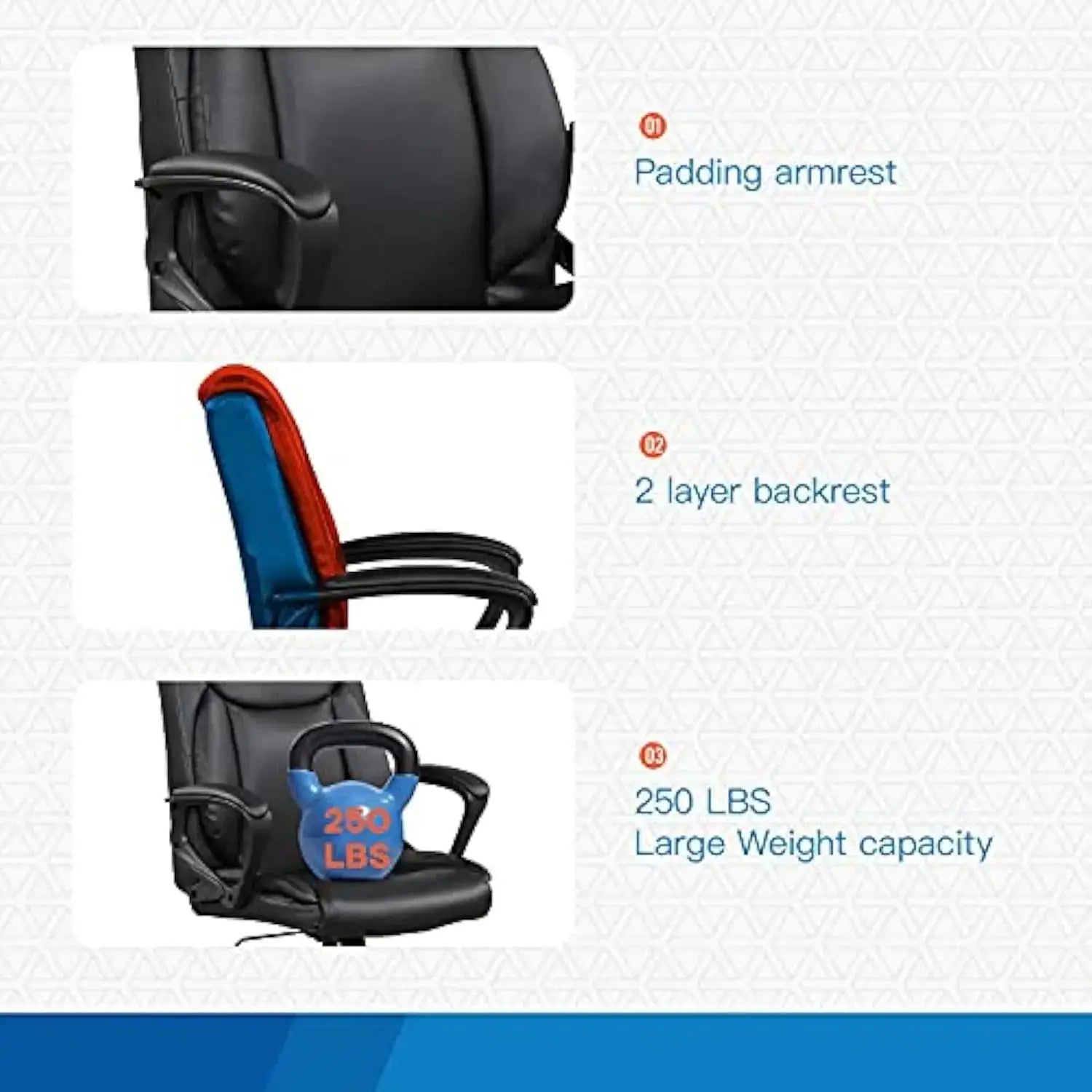 PU leather office chair featuring padded armrests, dual-layer backrest, and 250 lbs weight capacity for durable home office use.
