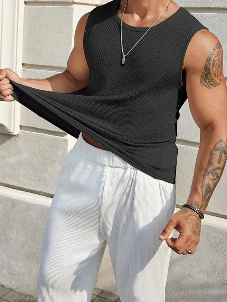 Men’s Ribbed Knit Tank Top Solid Color Sleeveless Shirt for Workout, Bodybuilding & Streetwear