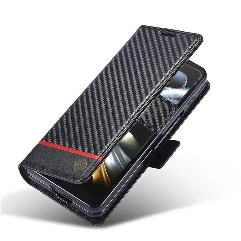 PU leather wallet case with carbon fiber design for Samsung Galaxy Z Fold 3/4/5/6, magnetic flip cover with stand function