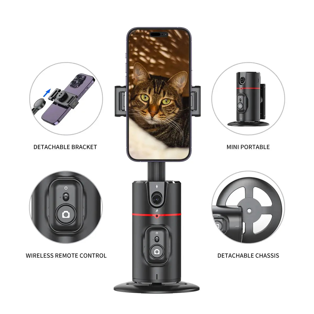 Mini portable 360° AI gimbal stabilizer with detachable bracket, wireless remote, and detachable chassis for smartphone video shooting.
