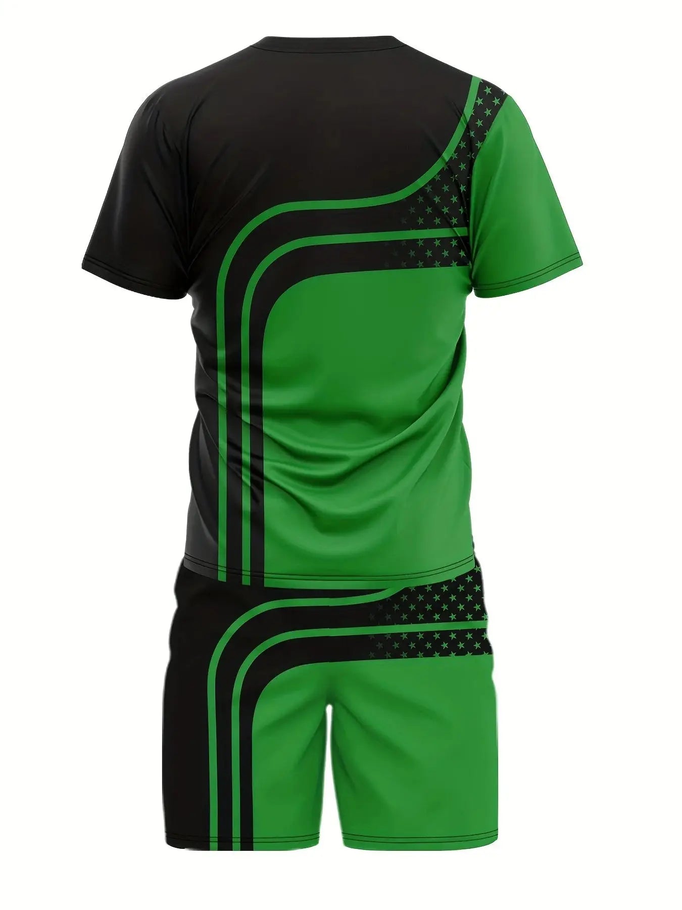 Back view of men's 2-piece summer outfit with green and black 3D digital print, breathable polyester fabric, perfect for casual summer style.