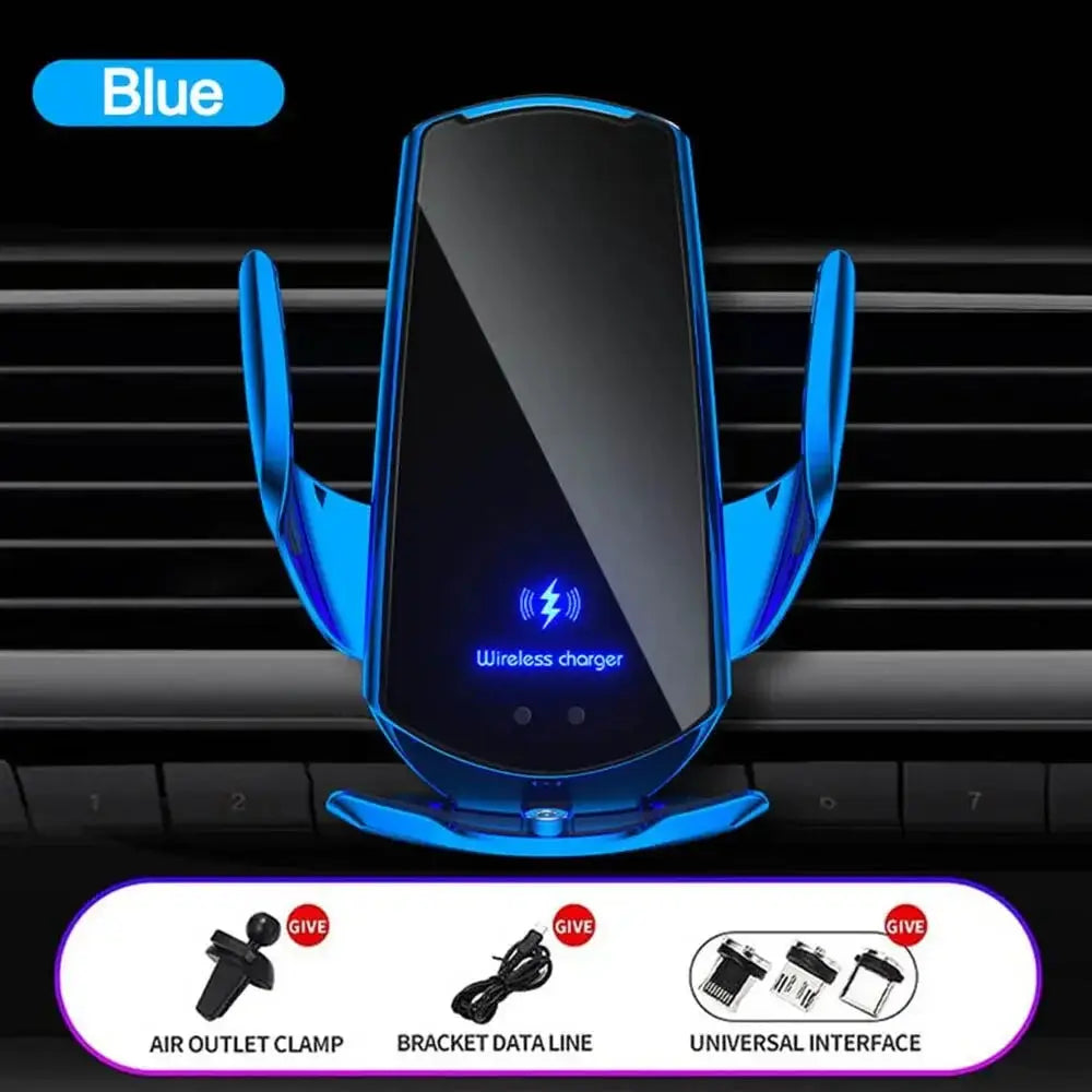 Blue version of 15W fast wireless charger with smart sensor, auto-clamping stand, and accessories for car air vent installation.