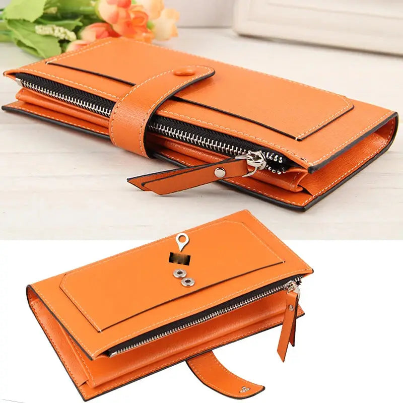Orange women's PU leather bifold long wallet shown from multiple angles highlighting buckle closure and zippered section.