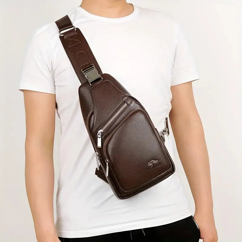 Model wearing brown vintage PU leather crossbody sling bag across chest, showcasing ergonomic fit and stylish design for daily use.
