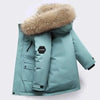 Blue kids winter jacket with fur hood