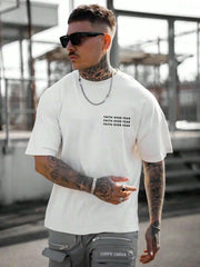 White cotton t-shirt for men with 'Faith Over Fear' text, styled with cargo pants.