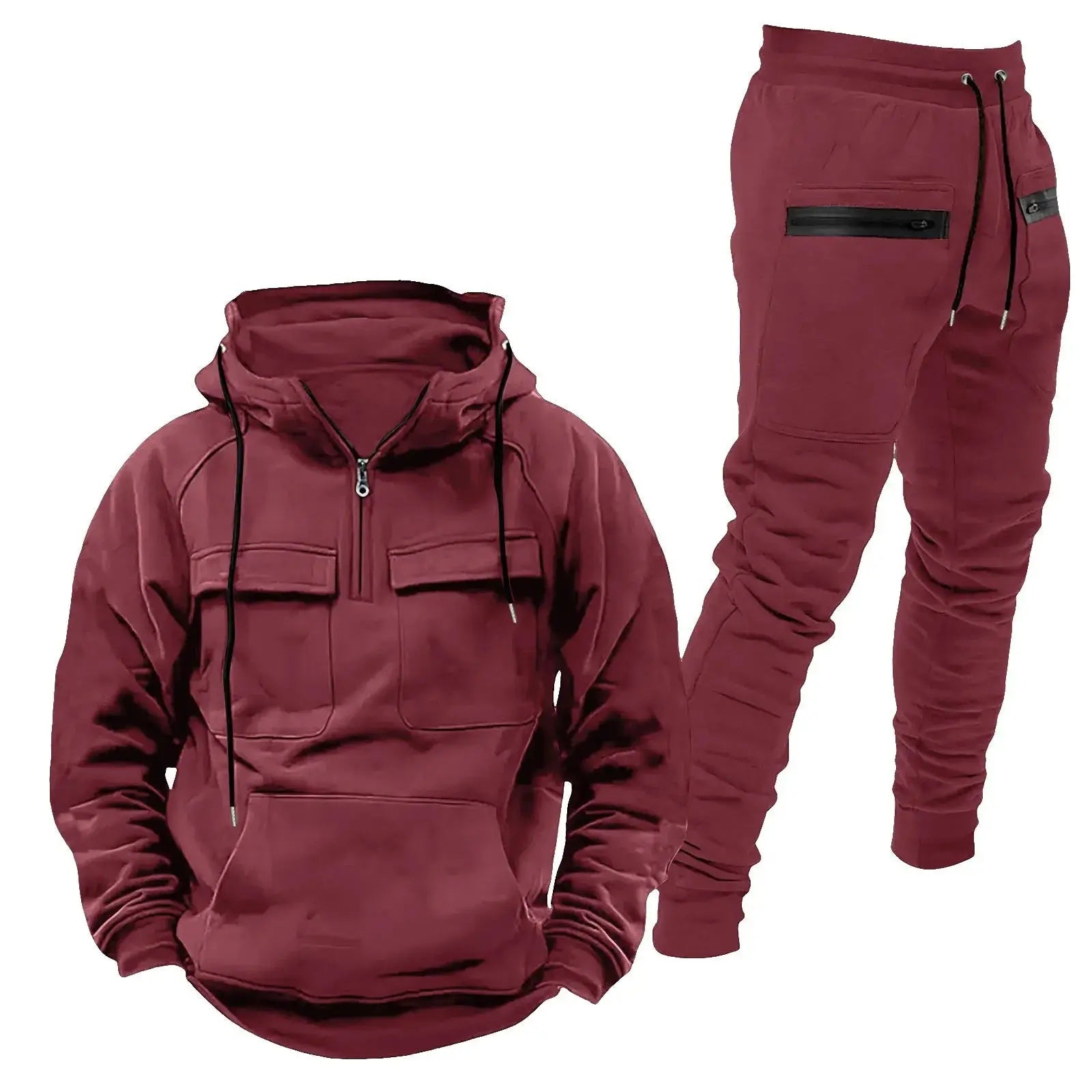 Burgundy red men’s 2-piece tracksuit with a half-zip pullover hoodie and tapered jogger pants, designed for casual or active use.