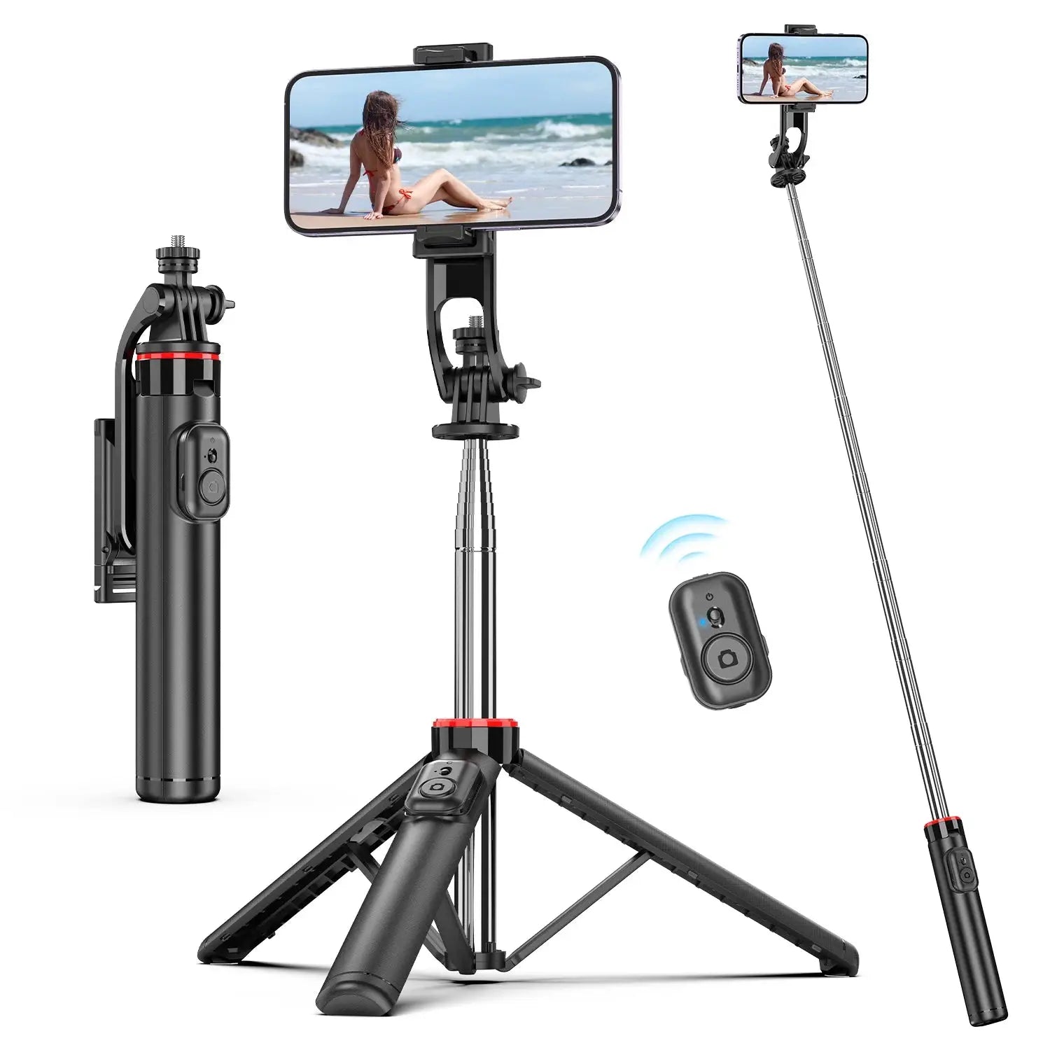 Bluetooth Selfie Stick Tripod with wireless remote and adjustable phone holder, ideal for beach photography and travel vlogs.