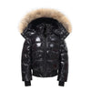 Shiny black winter down jacket with fur hood