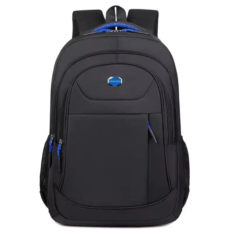 Black men’s waterproof Oxford backpack with blue zipper accents, featuring laptop compartment for school or business.