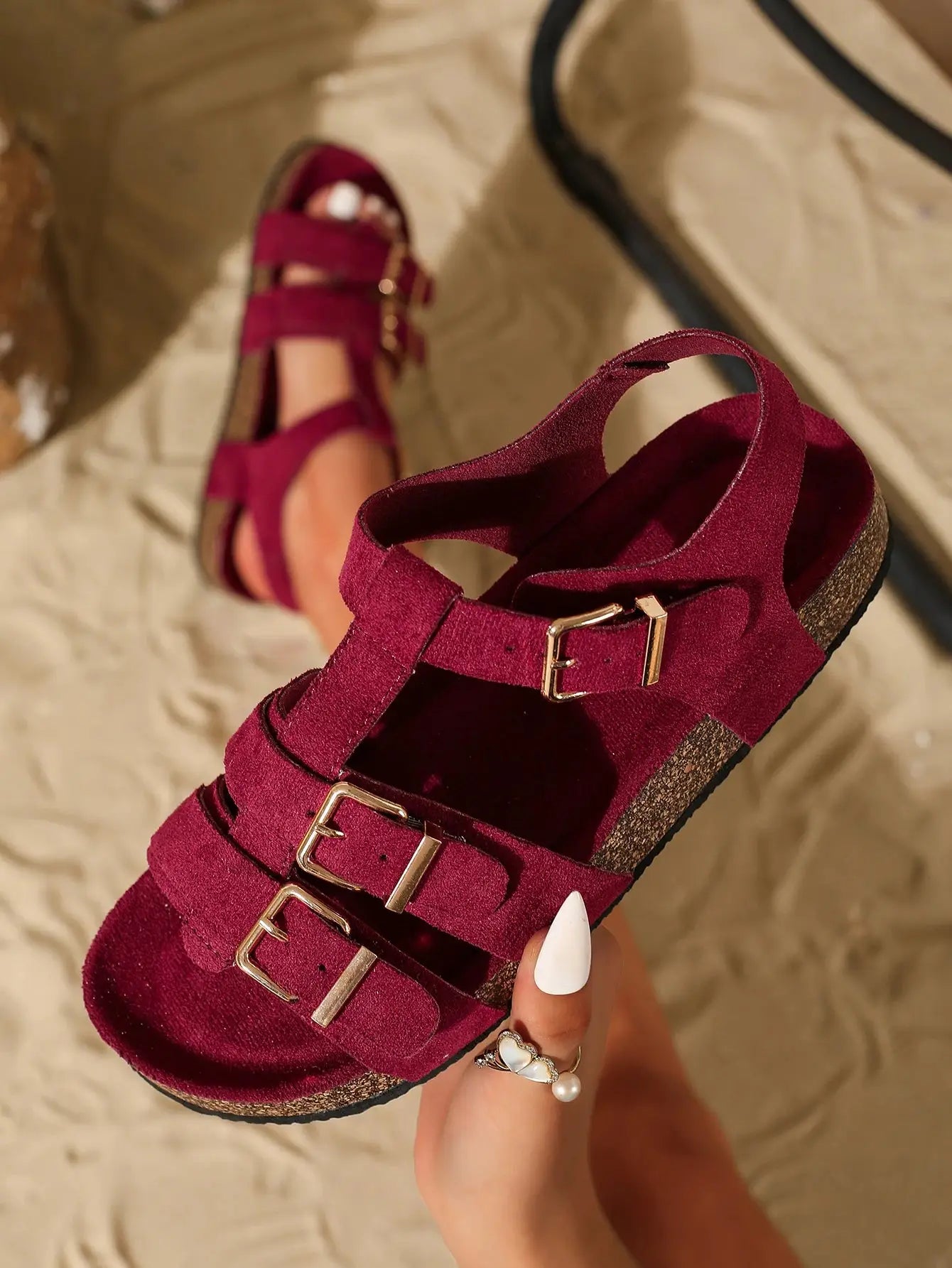 Women's Suede Leather Flat Sandals with 2 Adjustable Buckle Straps & Non-Slip Sole – Casual Comfort
