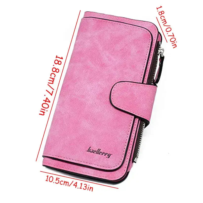 Pink women's long trifold wallet with dimensions 18.8cm x 10.5cm, ideal for holding cards, cash, and a cellphone securely.