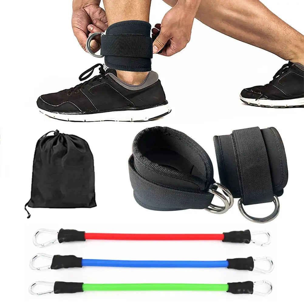 Complete leg resistance bands set including red, blue, and green pull ropes, ankle straps, and storage bag for gym and home workouts.