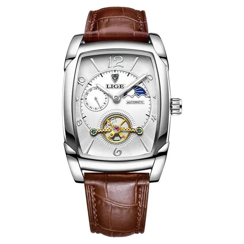 Men's Mechanical Leather Watch – Luxury Square Design with Tourbillon & Business Sport Style