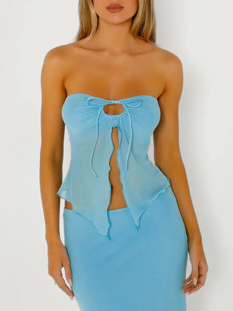 2-Piece Women's Outfit, Cutout Bandeau Top with Drawstring and Elastic Pencil Skirt for Streetwear Style