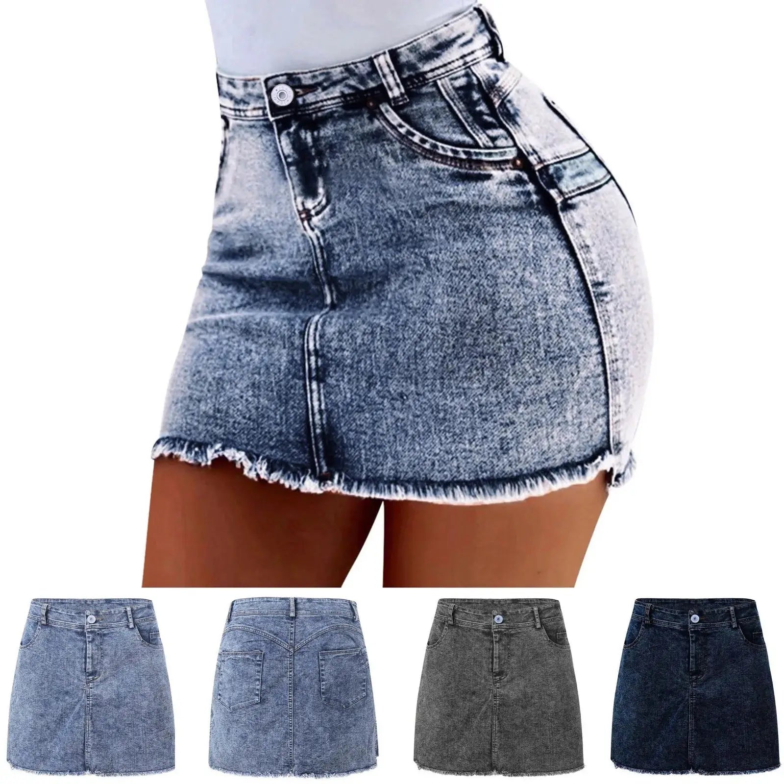 Women’s denim mini skirt, high-waisted summer style with washed finish and slim casual cut