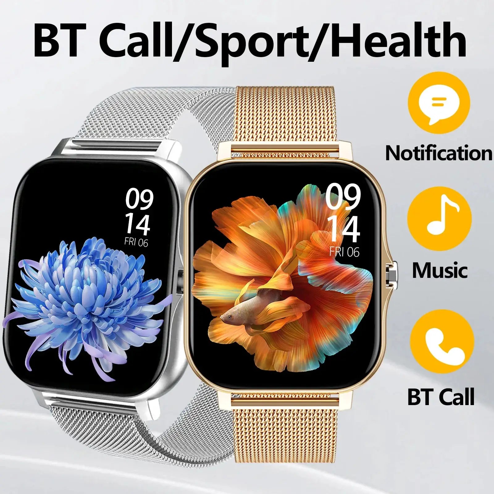 Smartwatch with multi-sport mode, calorie tracking, weather updates, message alerts, compatible with Android & iOS