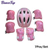 Pink kids protective gear set with helmet and pads.