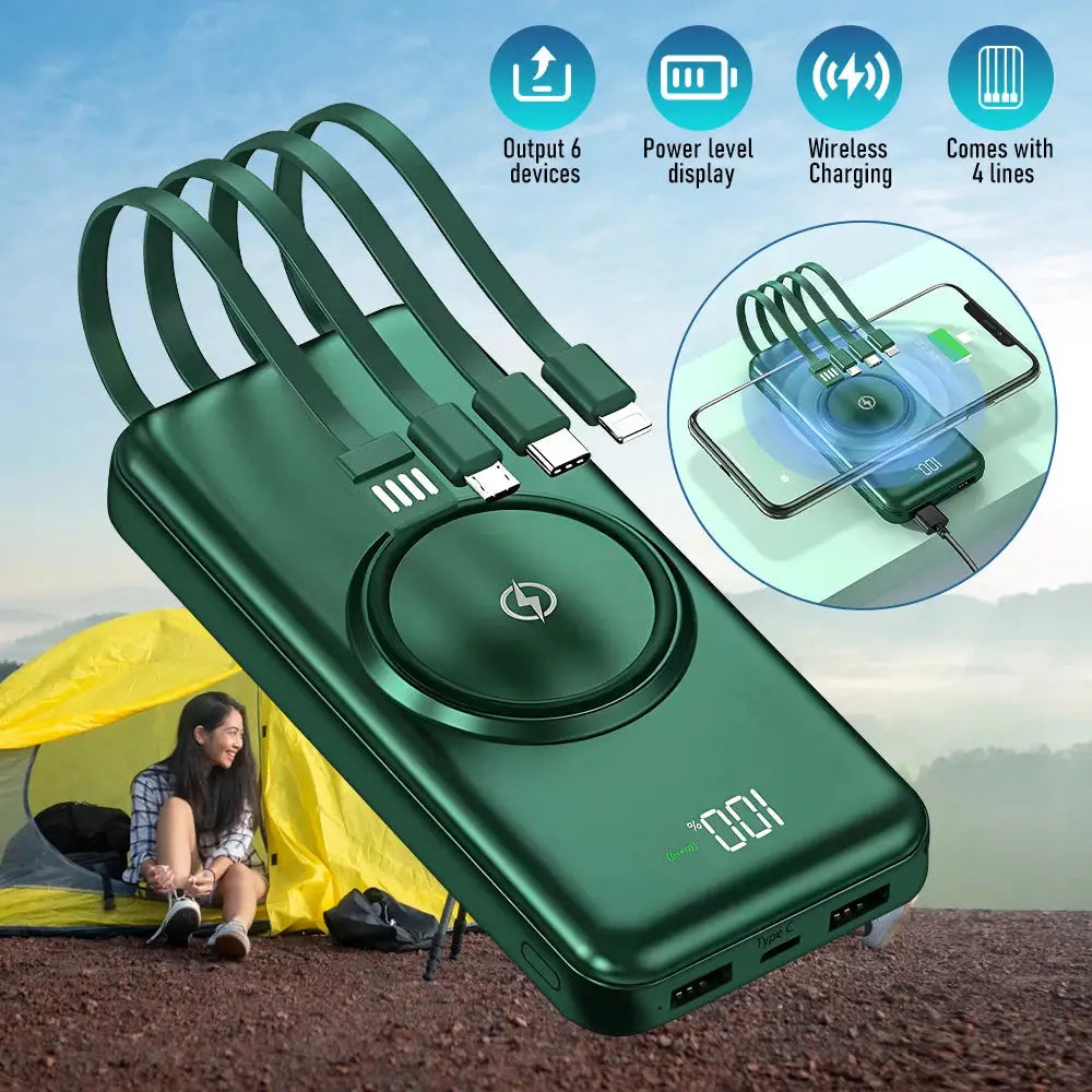 Wireless Power Bank 20000mAh Fast Charging with Built-in 4 Cables for iPhone 13–15 & Android Devices