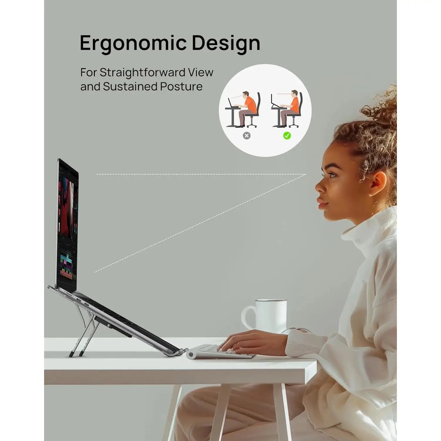 Ergonomic foldable aluminum laptop stand promoting better posture with adjustable height for MacBook, HP, Dell, and Lenovo laptops.