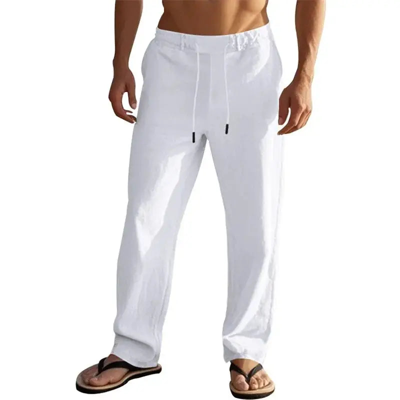 Men's lightweight linen pants in white with drawstring waist and straight-leg fit, ideal for beach and casual summer wear.
