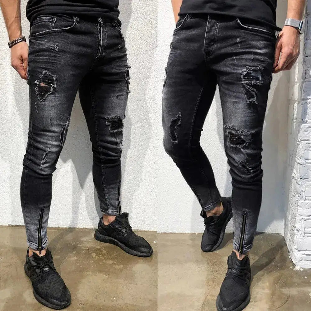 Men’s skinny stretch jeans, slim fit distressed denim pants with frayed details and modern tapered cut