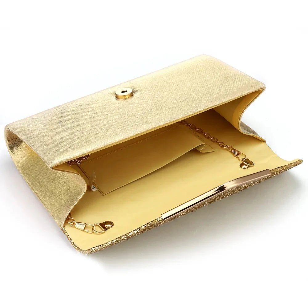 Gold Glitter Handbag Envelope Clutch With Chain Strap