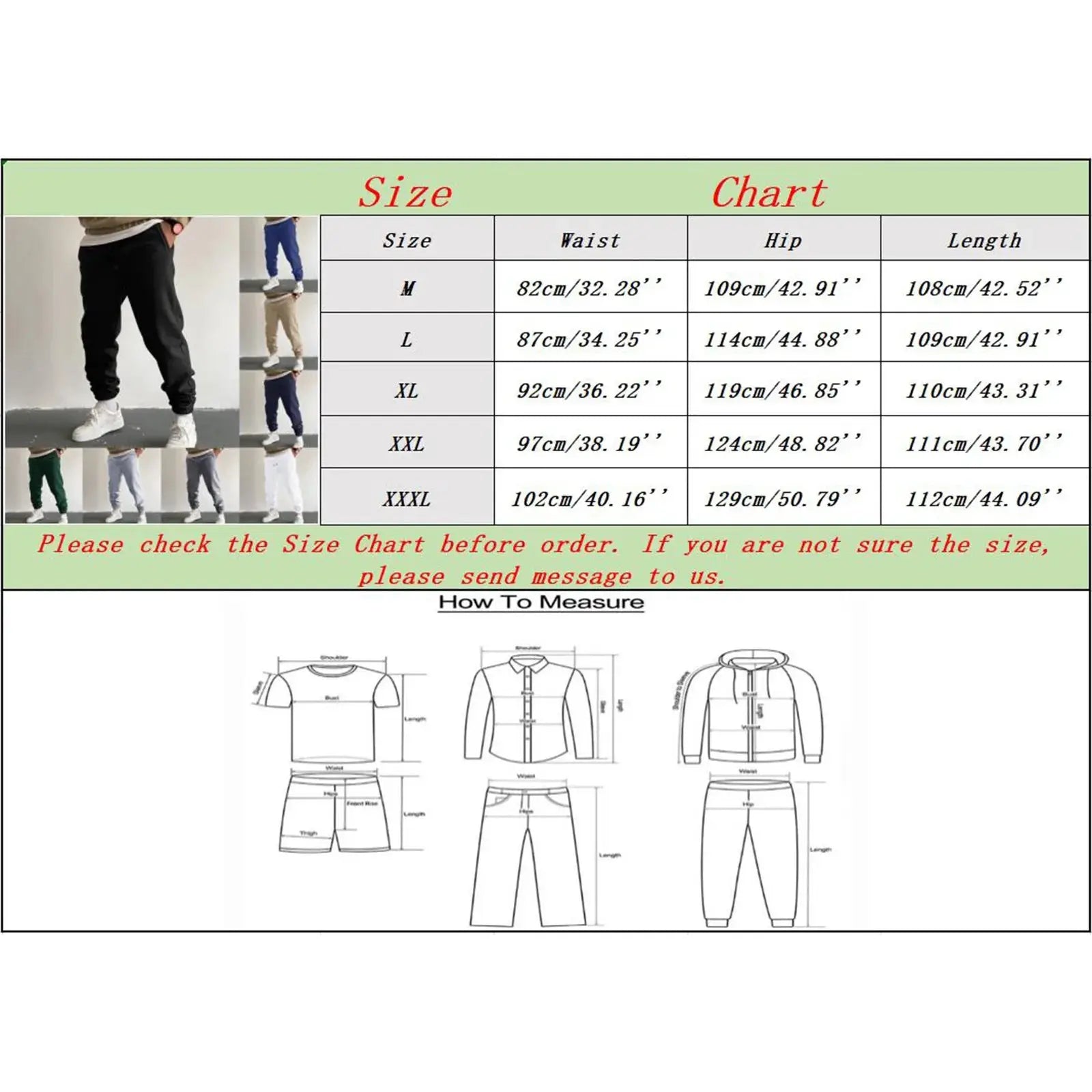 Size chart for men’s black jogger sweatpants with high waist drawstring and pockets, showing waist, hip, and length measurements from M to XXXL.